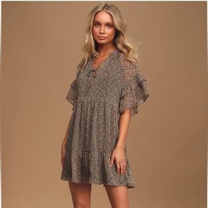 🆕 Lulus Babe Date Black Floral Print Tiered Short Sleeve Babydoll Dress